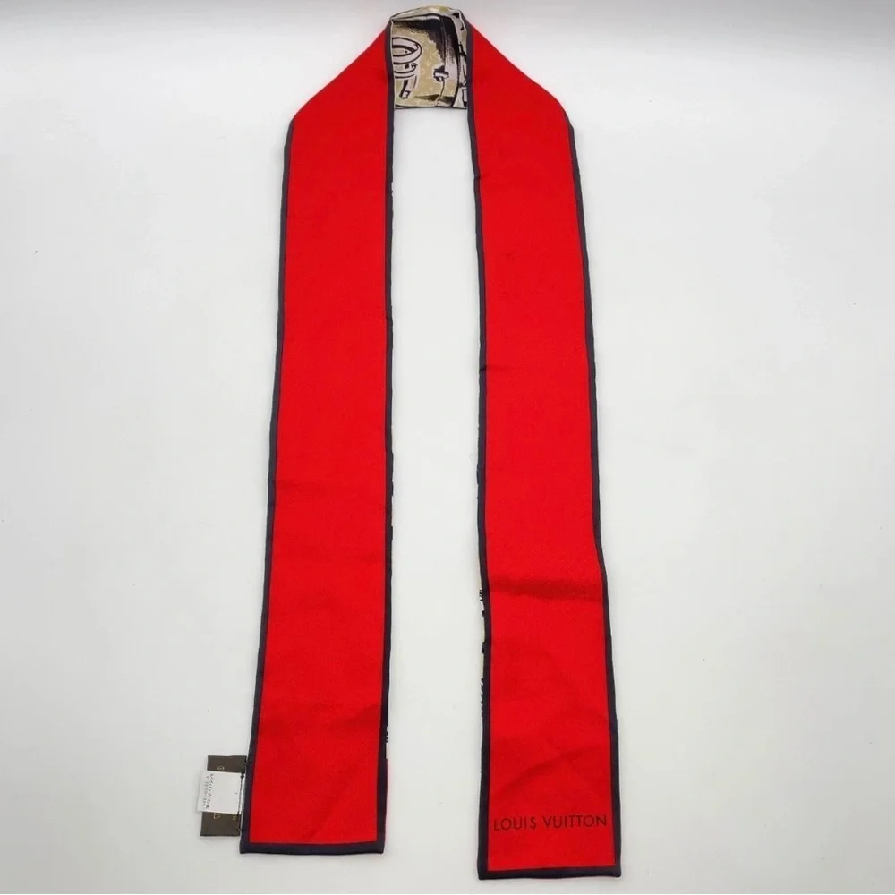 Auth Louis Vuitton Twilly Monogram Bandeau Red Silk Scarf/WB